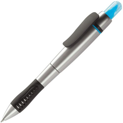 Kugelschreiber mit Textmarker (Art.-Nr. CA058621) - 2 in 1: Blauschreibender Kugelschreiber...