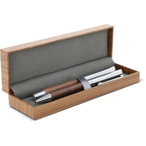 Set Kugelschreiber und Rollerball aus Metall Nussbaumholz in Geschenkbox (Art.-Nr. CA376298) - Ein Schreibset mit einem Kugelschreiber...