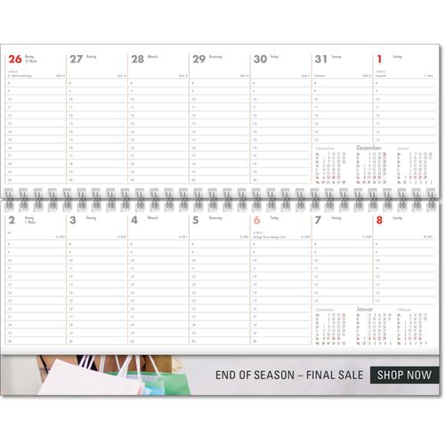 Schreibtischquerkalender 'Business' grau / rot mit überstehender Kartonrückwand im Format 30, 5 x 13, 5 cm. Andere Einbandvarianten auf Anfrage möglich. FSC zertifiziert. (Art.-Nr. CA347334) - Schlank. Übersichtlich. Business. Mi...