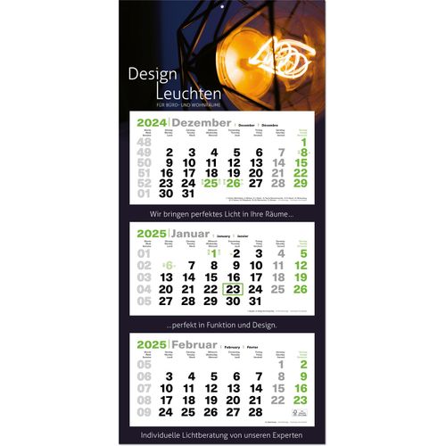 3-Monats-Kalender "Green3maxi" mit deutsch-mehrsprachigem Kalendarium im Format 38 x 81,6 cm (Art.-Nr. CA828070) - Bekennen Sie doch mal Farbe! Modern,...