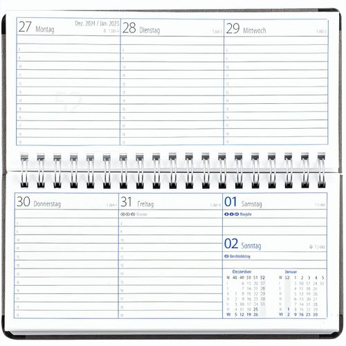 Taschenkalender "Horizontal" im Format 17 x 8 cm, deutsches Kalendarium Grau/Blau, 144 Seiten, Wire-O-Bindung, Eckenperforation, Deckelpaar Fashion mittelgrau (Art.-Nr. CA995257) - Der Waagerechte! Der Taschenkalender...