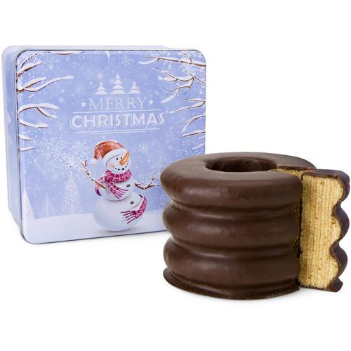 Geschenkset / Präsenteset: Baumkuchen in Weihnachtsdose (Art.-Nr. CA326658) - Baumkuchen mit dunklem Schokoladenüberz...