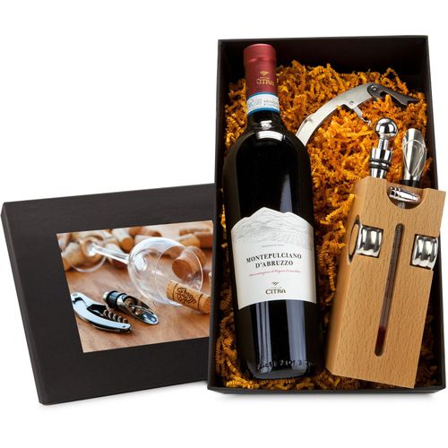 Geschenkset / Präsenteset: Buche-Block mit Wein (Art.-Nr. CA603600) - Ein dekorativer Buche-Block mit Weinacce...