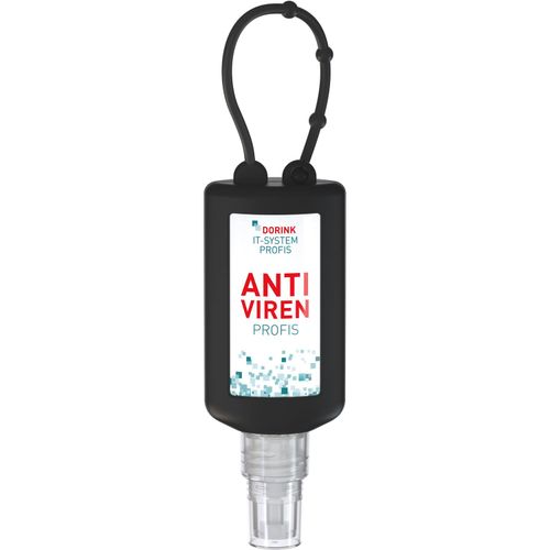 Hände-Desinfektionsspray (DIN EN 1500), 50 ml Bumper schwarz, Body Label (R-PET) (Art.-Nr. CA015392) - Praktische Flasche zum Anhängen!
Da...