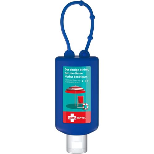 Sonnenmilch LSF 30, 50 ml Bumper blau, Body Label (R-PET) (Art.-Nr. CA069756) - Praktische Kosmetikflasche zum Anhängen...