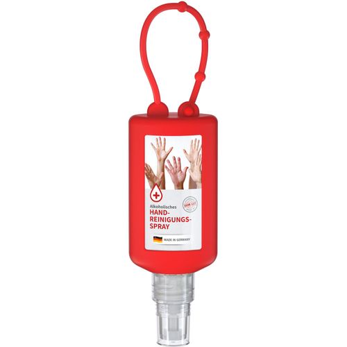 Handreinigungsspray, 50 ml Bumper rot, Body Label (R-PET) (Art.-Nr. CA070884) - Praktische Kosmetikflasche zum Anhängen...