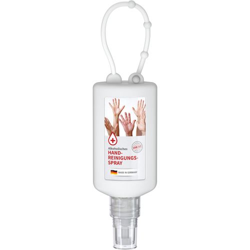 Handreinigungsspray, 50 ml Bumper frost, Body Label (R-PET) (Art.-Nr. CA108951) - Praktische Kosmetikflasche zum Anhängen...