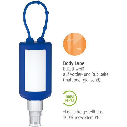 Kfz Cockpit-Reiniger, 50 ml Bumper blau, Body Label (R-PET) (Art.-Nr. CA124824) - Praktische Kosmetikflasche zum Anhängen...