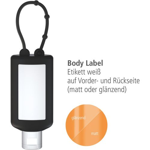 Sonnenmilch LSF 50 (sens.), 50 ml Bumper (schwarz), Body Label (R-PET) (Art.-Nr. CA125097) - Praktische Kosmetikflasche zum Anhängen...