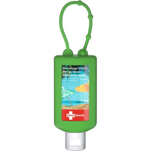 Sonnenmilch LSF 30 (sens.), 50 ml Bumper (grün), Body Label (R-PET) (Art.-Nr. CA154845) - Praktische Kosmetikflasche zum Anhängen...