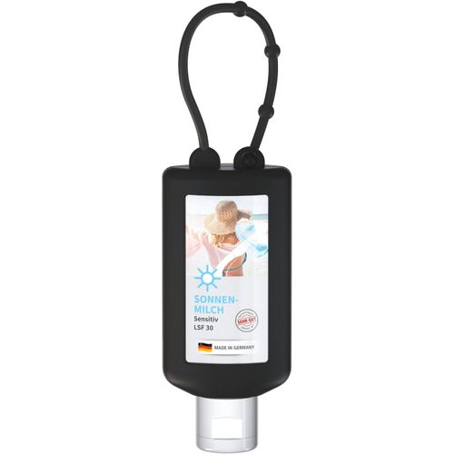 Sonnenmilch LSF 30 (sens.), 50 ml Bumper (schwarz), Body Label (R-PET) (Art.-Nr. CA204046) - Praktische Kosmetikflasche zum Anhängen...