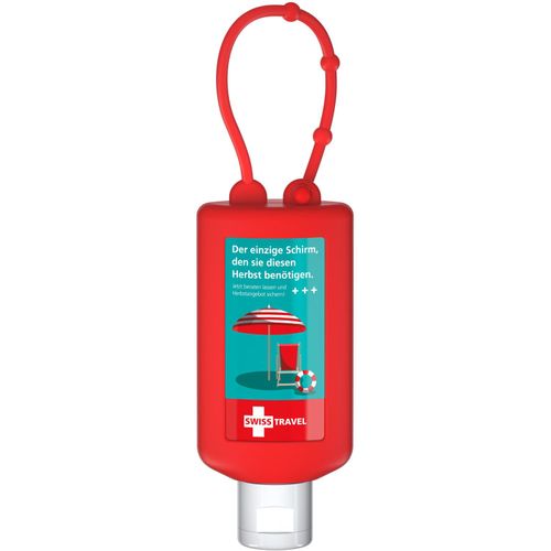 Sonnenmilch LSF 30, 50 ml Bumper rot, Body Label (R-PET) (Art.-Nr. CA206064) - Praktische Kosmetikflasche zum Anhängen...