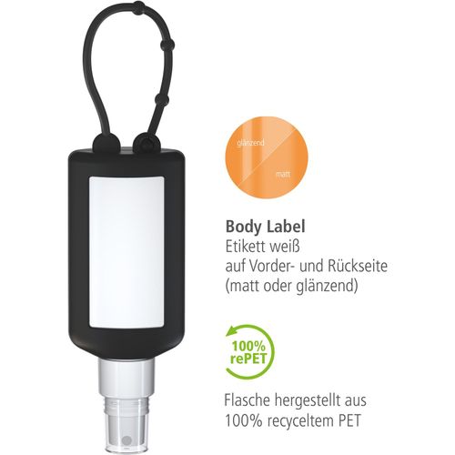 Smartphone & Arbeitsplatz-Reiniger, 50 ml Bumper schwarz, Body Label (R-PET) (Art.-Nr. CA256548) - Praktische Kosmetikflasche zum Anhängen...