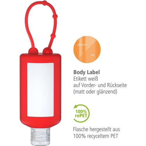 Duschgel Rosmarin-Ingwer, 50 ml Bumper rot, Body Label (R-PET) (Art.-Nr. CA257317) - Praktische Kosmetikflasche zum Anhängen...