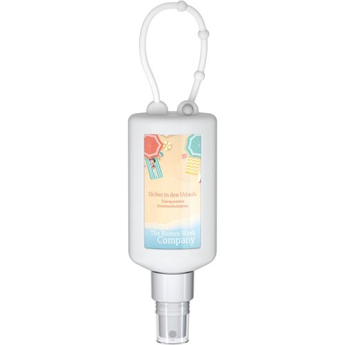 Sonnenschutzspray (LSF50), 50 ml Bumper frost, Body Label (R-PET) (Art.-Nr. CA336043) - Praktische Kosmetikflasche zum Anhängen...