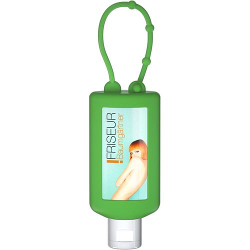 Handbalsam Ringelblume, 50 ml Bumper grün, Body Label (R-PET) (Art.-Nr. CA362690) - Praktische Kosmetikflasche zum Anhängen...