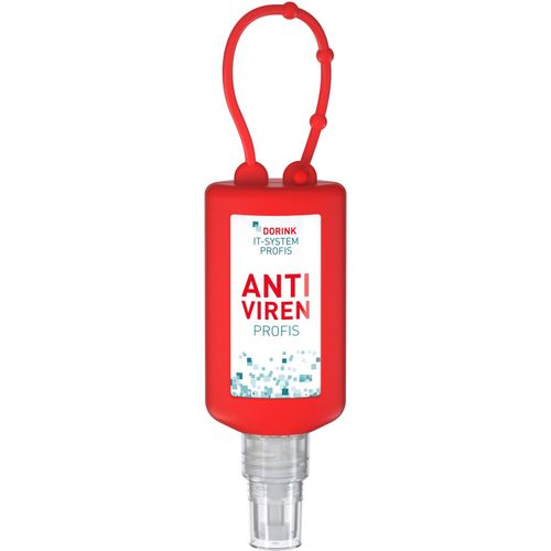 Hände-Desinfektionsspray (DIN EN 1500), 50 ml Bumper rot, Body Label (R-PET) (Art.-Nr. CA379921) - Praktische Flasche zum Anhängen!
Da...