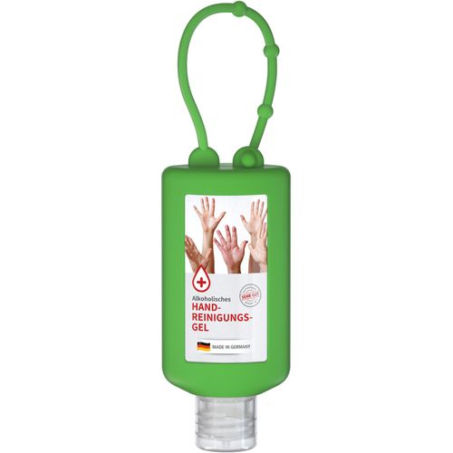 Handreinigungsgel, 50 ml Bumper grün, Body Label (R-PET) (Art.-Nr. CA387831) - Praktische Kosmetikflasche zum Anhängen...