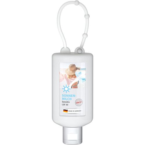 Sonnenmilch LSF 30 (sens.), 50 ml Bumper (frost), Body Label (R-PET) (Art.-Nr. CA442199) - Praktische Kosmetikflasche zum Anhängen...