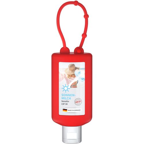 Sonnenmilch LSF 30 (sens.), 50 ml Bumper (rot), Body Label (R-PET) (Art.-Nr. CA448361) - Praktische Kosmetikflasche zum Anhängen...