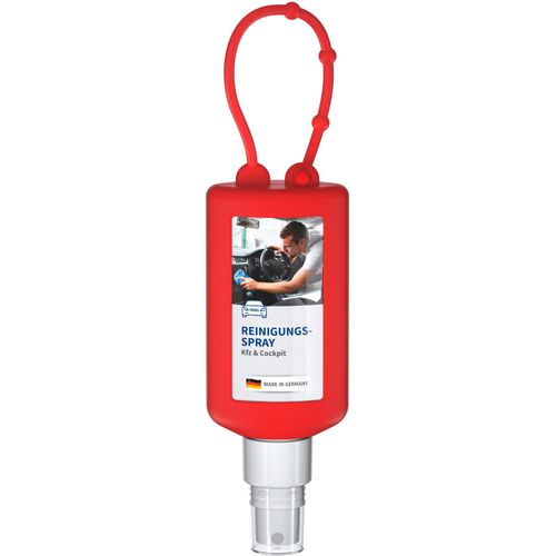 Kfz Cockpit-Reiniger, 50 ml Bumper rot, Body Label (R-PET) (Art.-Nr. CA455561) - Praktische Kosmetikflasche zum Anhängen...