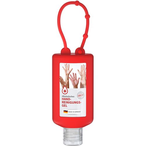 Handreinigungsgel, 50 ml Bumper rot, Body Label (R-PET) (Art.-Nr. CA490152) - Praktische Kosmetikflasche zum Anhängen...