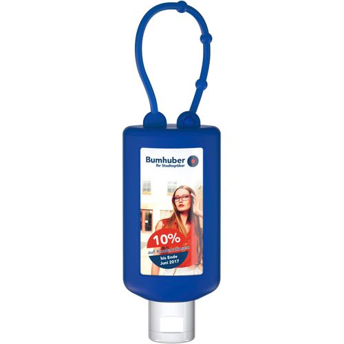 Handbalsam Ingwer, 50 ml Bumper blau, Body Label (R-PET) (Art.-Nr. CA498354) - Praktische Kosmetikflasche zum Anhängen...