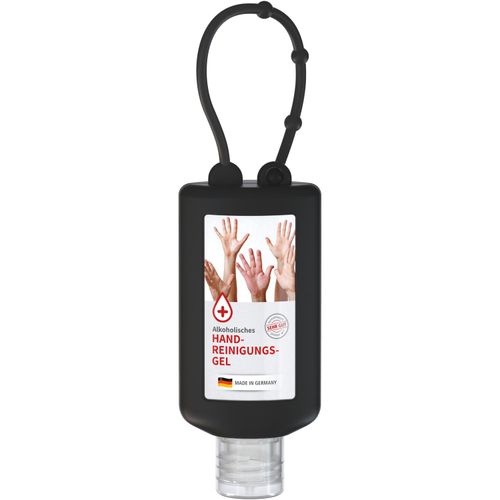 Handreinigungsgel, 50 ml Bumper (schwarz), Body Label (R-PET) (Art.-Nr. CA499370) - Praktische Kosmetikflasche zum Anhängen...