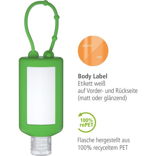 Duschgel Rosmarin-Ingwer, 50 ml Bumper grün, Body Label (Art.-Nr. CA500969) - Praktische Kosmetikflasche zum Anhängen...