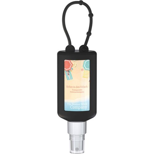 Sonnenschutzspray (LSF50), 50 ml Bumper (schwarz), Body Label (R-PET) (Art.-Nr. CA609824) - Praktische Kosmetikflasche zum Anhängen...