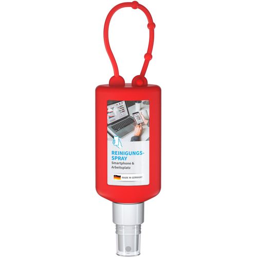 Smartphone & Arbeitsplatz-Reiniger, 50 ml Bumper rot, Body Label (R-PET) (Art.-Nr. CA658418) - Praktische Kosmetikflasche zum Anhängen...