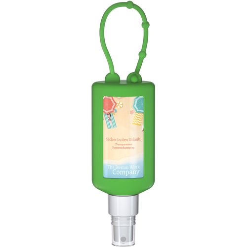 Sonnenschutzspray (LSF50), 50 ml Bumper grün, Body Label (R-PET) (Art.-Nr. CA668635) - Praktische Kosmetikflasche zum Anhängen...