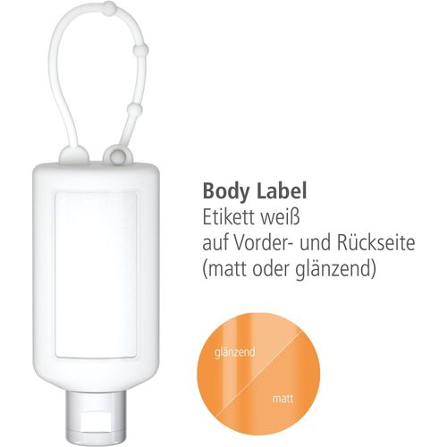 Sonnenmilch LSF 50 (sens.), 50 ml Bumper (frost), Body Label (R-PET) (Art.-Nr. CA669145) - Praktische Kosmetikflasche zum Anhängen...