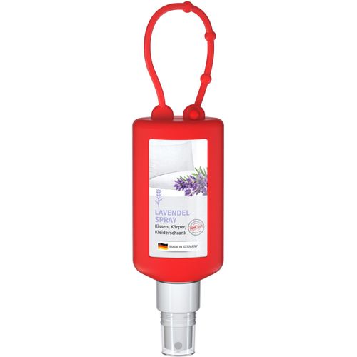 Lavendel-Spray, 50 ml Bumper rot, Body Label (R-PET) (Art.-Nr. CA792620) - Praktische Kosmetikflasche zum Anhängen...