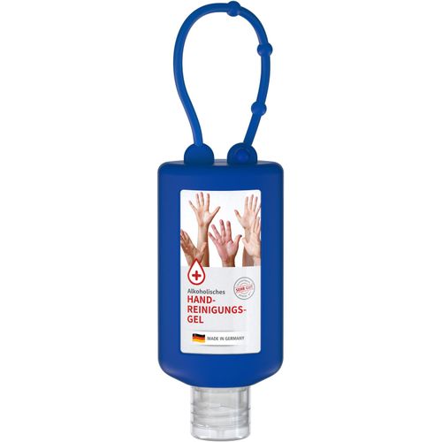 Handreinigungsgel, 50 ml Bumper blau, Body Label (R-PET) (Art.-Nr. CA795165) - Praktische Kosmetikflasche zum Anhängen...