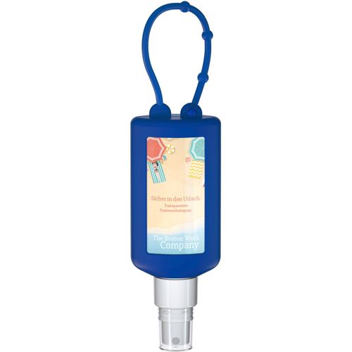Sonnenschutzspray (LSF50), 50 ml Bumper blau, Body Label (R-PET) (Art.-Nr. CA839237) - Praktische Kosmetikflasche zum Anhängen...