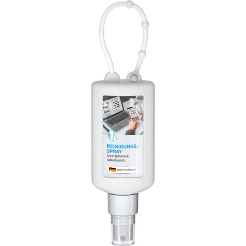 Smartphone & Arbeitsplatz-Reiniger, 50 ml Bumper frost, Body Label (R-PET) (Art.-Nr. CA846031) - Praktische Kosmetikflasche zum Anhängen...