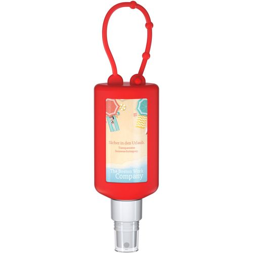 Sonnenschutzspray (LSF 50), 50 ml Bumper rot, Body Label (R-PET) (Art.-Nr. CA856608) - Praktische Kosmetikflasche zum Anhängen...