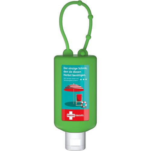 Sonnenmilch LSF 30, 50 ml Bumper grün, Body Label (R-PET) (Art.-Nr. CA904236) - Praktische Kosmetikflasche zum Anhängen...