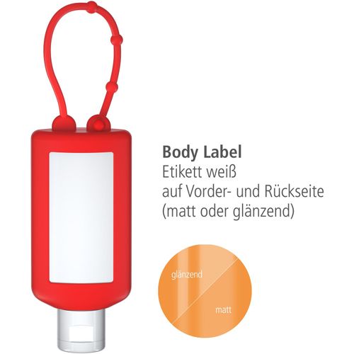 Sonnenmilch LSF 50 (sens.), 50 ml Bumper (rot), Body Label (R-PET) (Art.-Nr. CA926780) - Praktische Kosmetikflasche zum Anhängen...