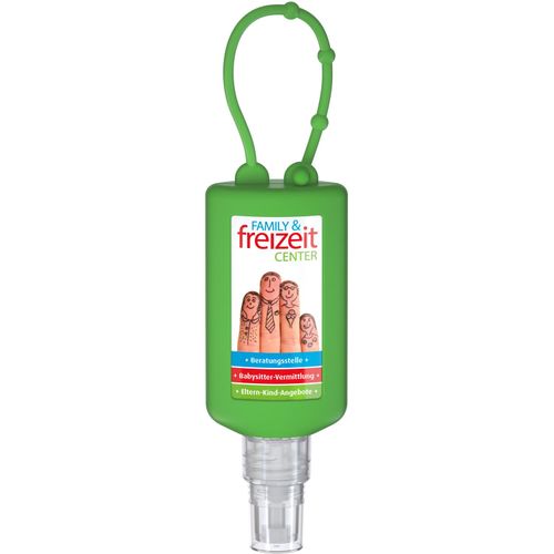 Handreinigungsspray, 50 ml Bumper grün, Body Label (R-PET) (Art.-Nr. CA927539) - Praktische Kosmetikflasche zum Anhängen...