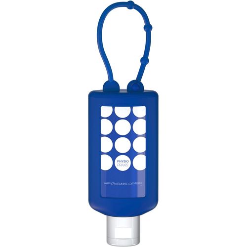 Sportgel, 50 ml Bumper blau, Body Label (R-PET) (Art.-Nr. CA935989) - Praktische Kosmetikflasche zum Anhängen...