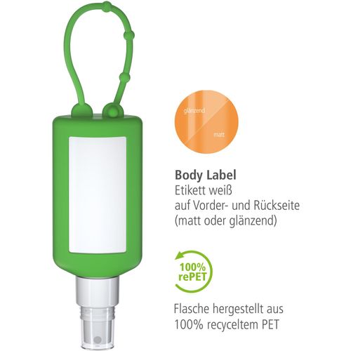 Smartphone & Arbeitsplatz-Reiniger, 50 ml Bumper grün, Body Label (R-PET) (Art.-Nr. CA961329) - Praktische Kosmetikflasche zum Anhängen...