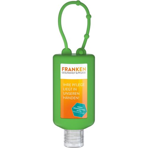 Hände-Desinfektionsgel (DIN EN 1500), 50 ml Bumper grün, Body Label (R-PET) (Art.-Nr. CA978993) - Praktische Flasche zum Anhängen!
Da...