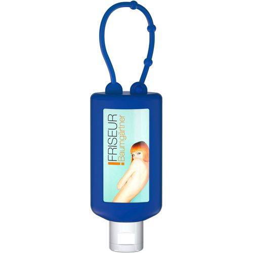Handbalsam Ringelblume, 50 ml Bumper blau, Body Label (R-PET) (Art.-Nr. CA993907) - Praktische Kosmetikflasche zum Anhängen...