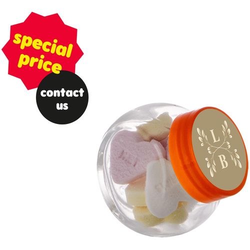 Mikro Glas 50 ml gefüllt mit Süßigkeiten (Art.-Nr. CA111448) - Mikro Glas 50 ml mit orangenem Deckel...