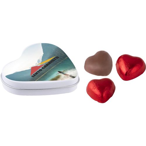 Herzförmige Dose mit Schokoladenherzen (Art.-Nr. CA226822) - Herzförmige Dose weiß mit 3 herzförmi...