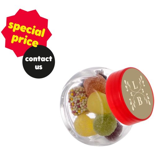 Mikro Glas 50 ml gefüllt mit Süßigkeiten (Art.-Nr. CA282649) - Mikro Glas 50 ml mit rotem Deckel...