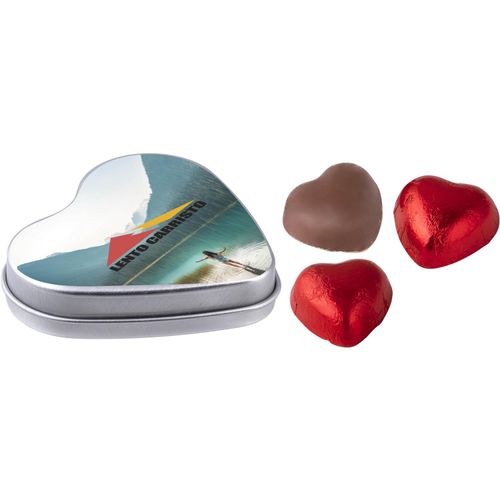 Herzförmige Dose mit Schokoladenherzen (Art.-Nr. CA301452) - Herzförmige Dose silber mit 3 herzförm...