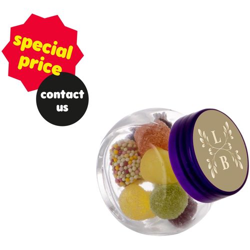 Mikro Glas 50 ml gefüllt mit Süßigkeiten (Art.-Nr. CA737551) - Mikro Glas 50 ml mit violettem Deckel...